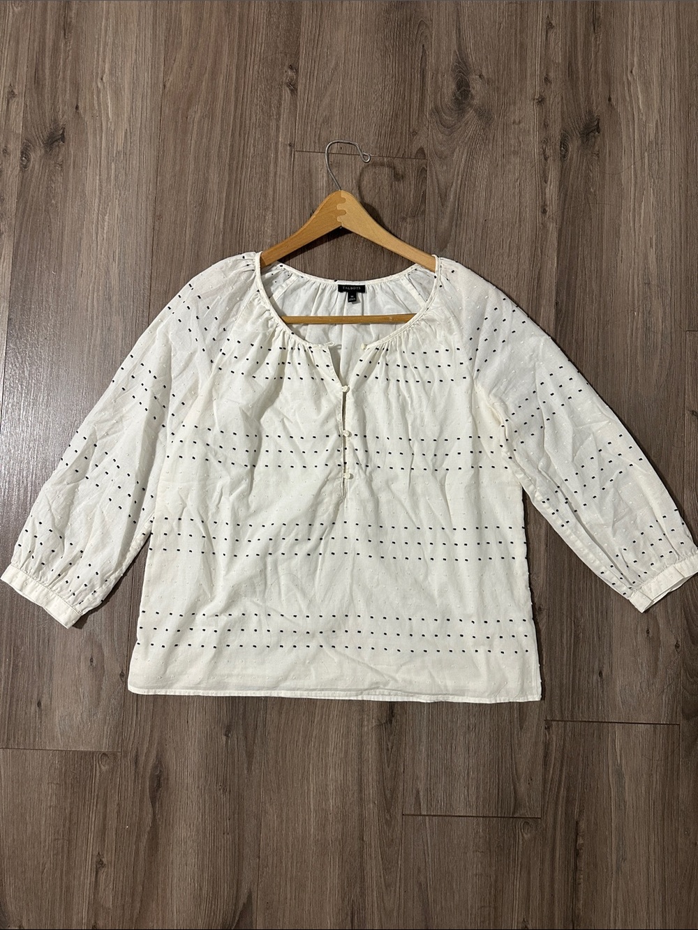 Talbots Cream Eyelet Peasant Blouse with Button Neck 100% Cotton & Lined